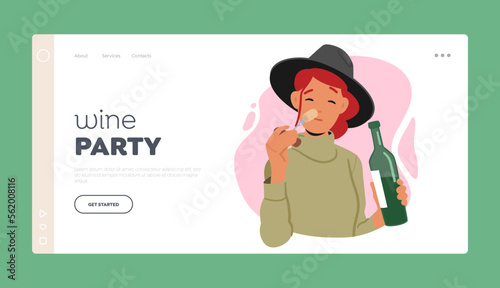 Wine Party Landing Page Template. Sommelier Alcohol Drink Degustation Process, Female Character Tasting Wine, Sniff Cork