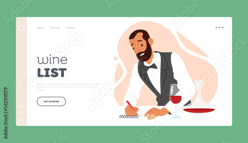 Wine List Landing Page Template. Sommelier Profession Concept, Steward Tasting Drinks Making Notes in Notebook