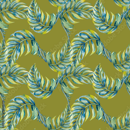 Exotic blue palm leaves seamless pattern watercolor illustration on olive. photo