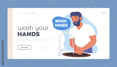 Man Washing Hands Landing Page Template. Hygiene Procedure Concept with Male Character Wash Palms with Soap