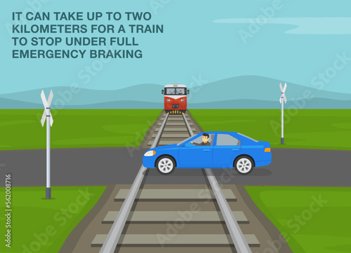 Safe driving tips and rules. It can take up to two kilometres for a train to stop under full emergency braking. Car passing the railway tracks in front of train. Flat vector illustration template.