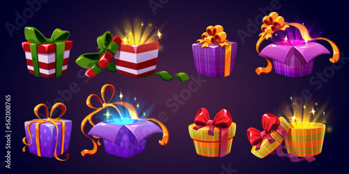 Set of open and closed gift boxes isolated on background. Vector illustration of colorful striped, dotted and checkered surprise packages decorated with ribbon bows with light and sparkles inside