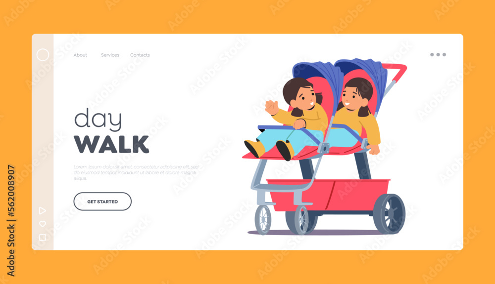 Day Walk Landing Page Template. Baby Girl Twins in Stroller or Buggy. Cute Children Toddler Sit in Double Summer Pram