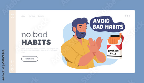 No Bad Habits Landing Page Template. Man Show Stop Gesture for Cigarette Box. Male Character Healthy Lifestyle