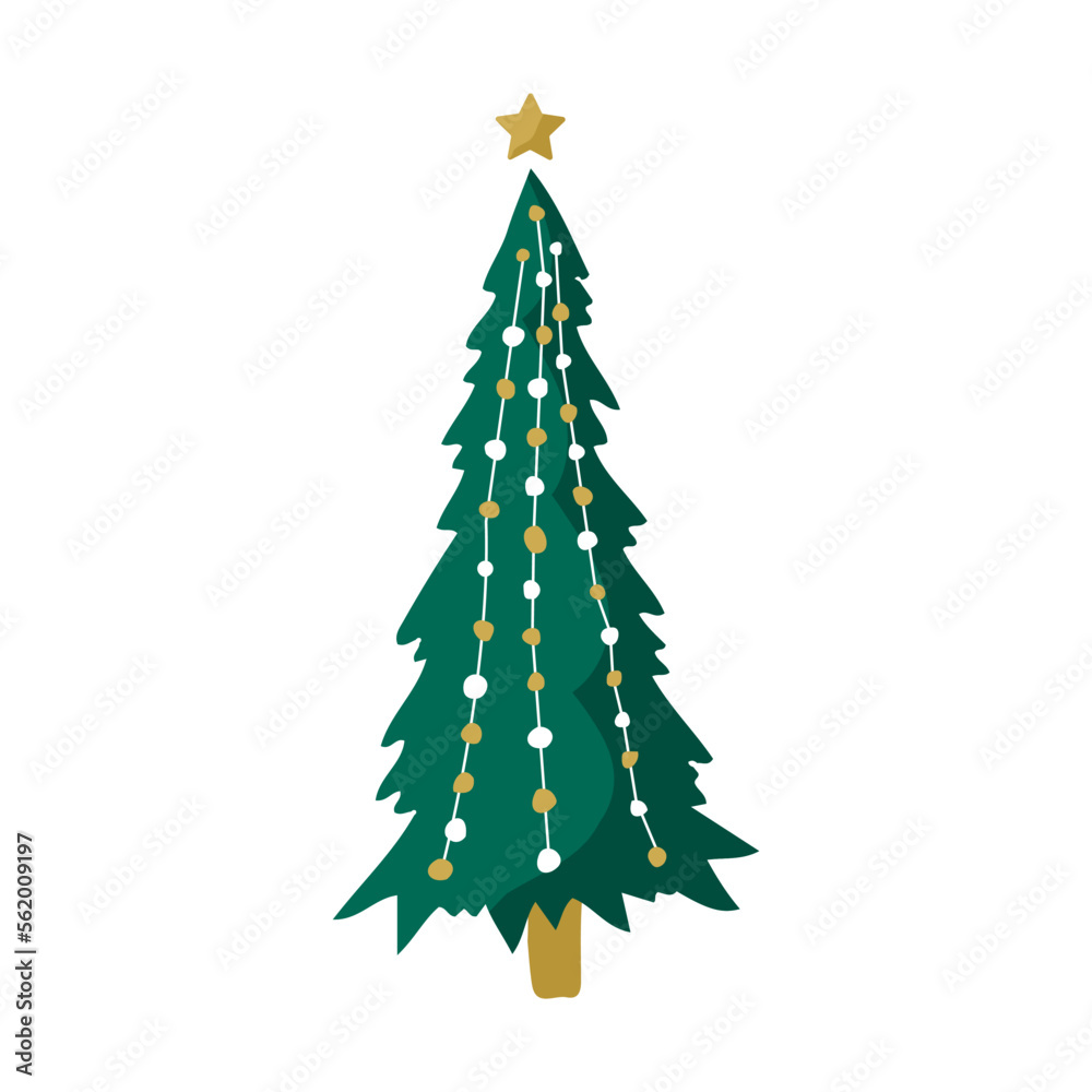 Green christmas tree with garlands and balls. Winter season design element. New year icon. Vector illustration in flat cartoon style. Green christmas tree with garlands and balls. Winter season design element. New year icon. Vector illustration in flat cartoon style.