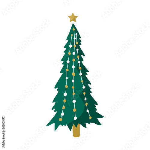 Green christmas tree with garlands and balls. Winter season design element. New year icon. Vector illustration in flat cartoon style.