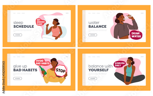 How to Boost Immunity Landing Page Template Set. Female Character Sleep, Doing Yoga Meditation, Exercise Daily, Drink
