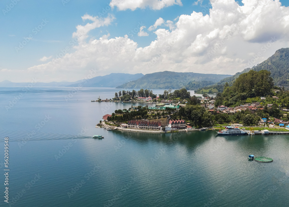 Beautiful view of Toba Lake, a popular tourist destination in North Sumatra, Indonesia. Lake Toba is a large natural lake located in the caldera of Mount Supervolcano.