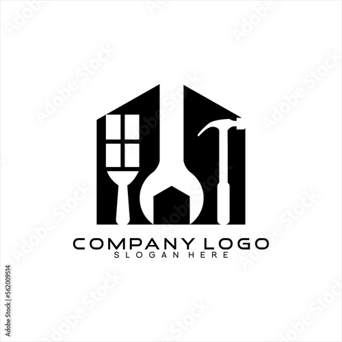 Home renovation vector logo design with house, brush and hammer concept.