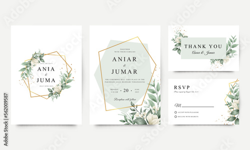 Set of elegant wedding invitation templates with flowers and green leaves