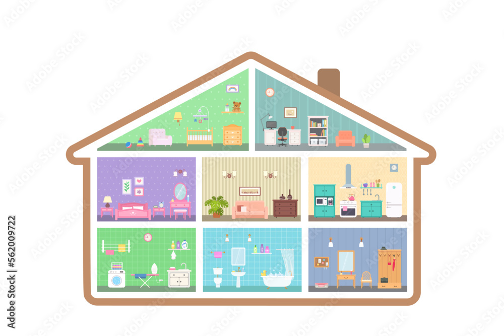 Dollhouse with eight rooms with interior, in cross section. On white