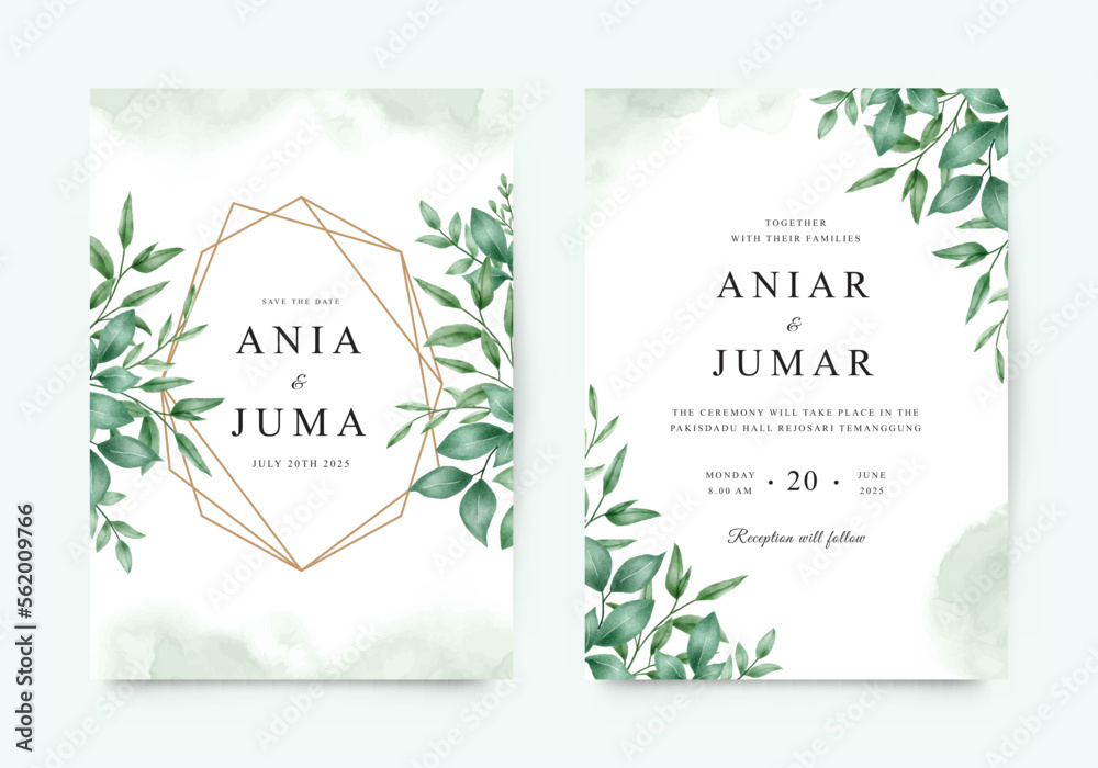 Wedding invitations set with geometric frames and green leaves