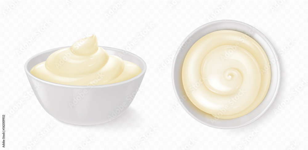 Naklejka premium White bowl with mayonnaise, cheese sauce, yogurt or cream. Small round ceramic dish and homemade dip in porcelain container, top side view, vector realistic set isolated on transparent background