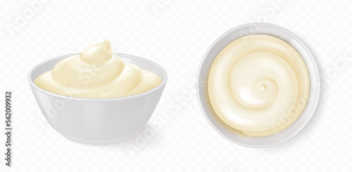 White bowl with mayonnaise, cheese sauce, yogurt or cream. Small round ceramic dish and homemade dip in porcelain container, top side view, vector realistic set isolated on transparent background