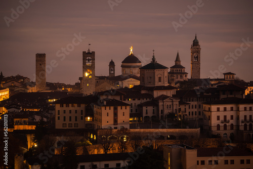 Bergamo. One of the beautiful city in Italy. Landscape at the old town from the hill at evening. Amazing view of the towers, bell towers and main churches. Touristic destination. Best of Italy