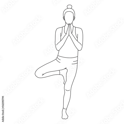 Line art of woman doing Yoga in tree pose vector. Standing balance pose.
