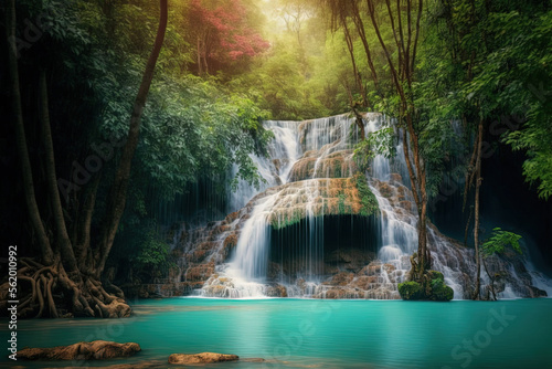 Beautiful waterfall with a forest backdrop is Erawan waterfall in Kanchanaburi, Thailand. Generative AI © 2rogan