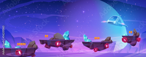 Arcade game level platforms floating in outer space. Vector cartoon illustration of futuristic cosmic shuttle flying towards land islands with bonus coins, crystals on surface. Gui background design
