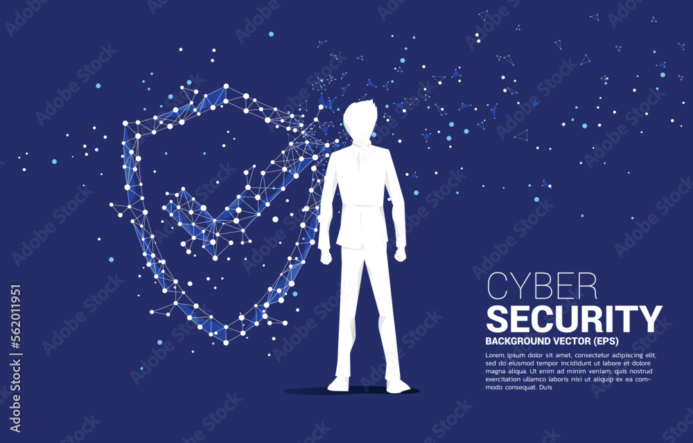 Vector Silhouette of businessman with Protection shield icon from dot connect line polygon network. concept of guard security and safety