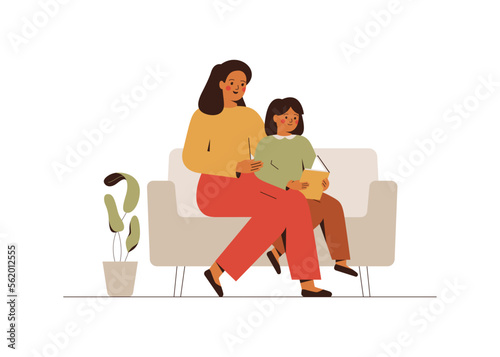 Mother and daughter read the book. Woman and her child sit on the sofa and spend time together by reading. Preschool or home education concept. Vector illustration