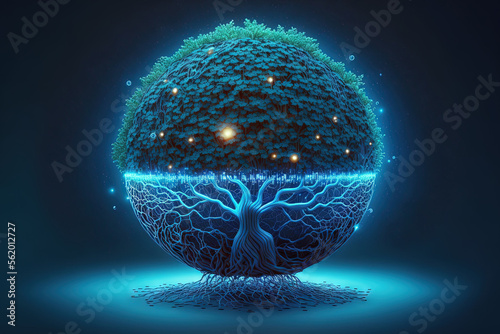 On a Circuit digital ball, a tree is growing. convergence between technology and digital. Blue lighting with a background of a wireframe network. Concepts for CSR, green technology, green computing, a