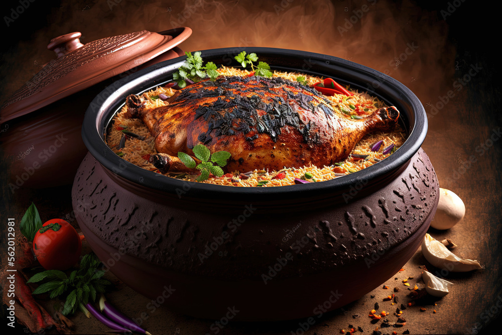 Dum i chicken Biryani is prepared in an earthen or clay pot called Haandi. Popular Indian non vegetarian food. Generative AI - obrazy, fototapety, plakaty 