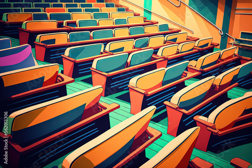 Colorful seats in an empty lecture hall of a University, Hong Kong. Generative AI