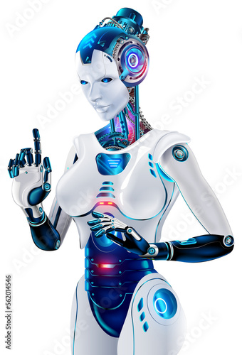 AI in image robot woman or female cyborg. Robotic lady with Beautiful face, cybernatic hand pressing button. Anthropomorphic Artificial intelligence. Machine learning. Mechanical humanoid machine.