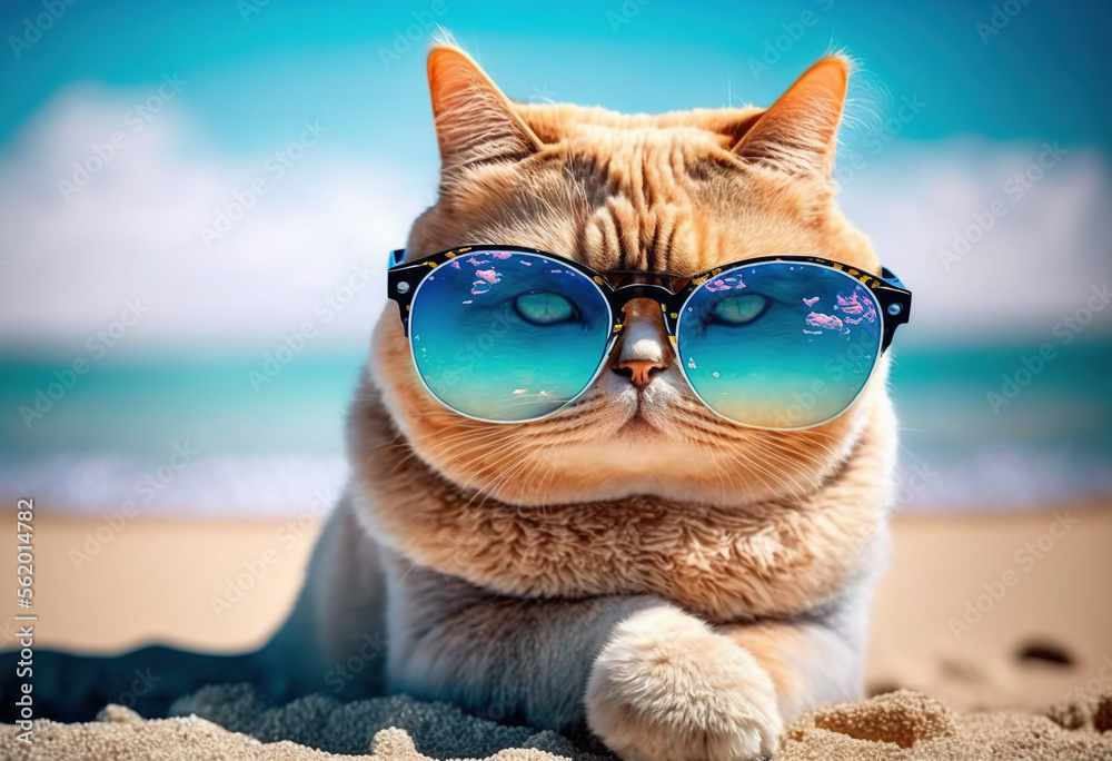 cute cat on the beach with sunglass, Generative AI