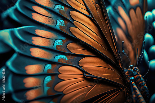 Wings of a butterfly Ulysses. Wings of a butterfly texture background. Closeup. Selective focus. Generative AI