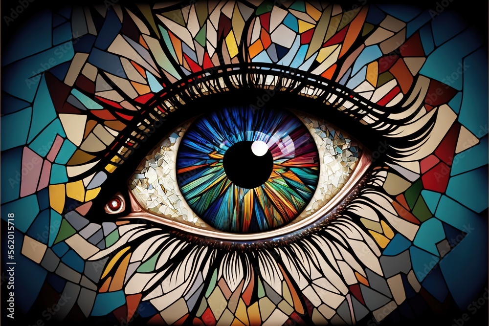 a close up of a stained glass eye with a black hole in the center of