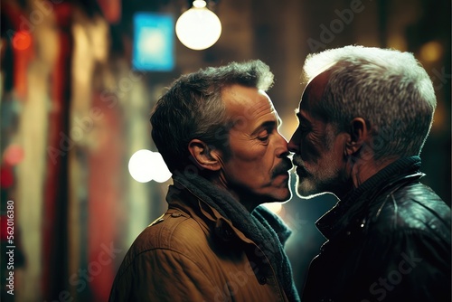 Seniormale gay  couple in their moment of intimacy at night in the street. This image was created with generative AI
