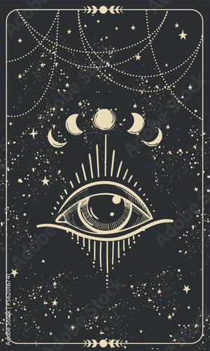 All-seeing eye on a black mystical celestial background with stars, vintage pattern for numerology, astrology, divination, stories template. Modern esoteric vector card.