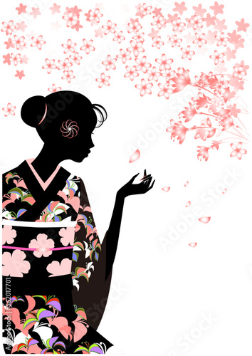 着物を着た女性のシルエットと桜の花