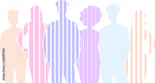 Group of people hatched color silhouette style. Isolated on white background