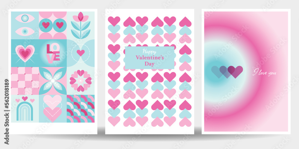 Set of vector illustrations. Happy Valentine's day. Useful for web, greeting cards, event invitation, discount voucher, advertising, cover, flyer, poster, prints. Simple modern geometric design