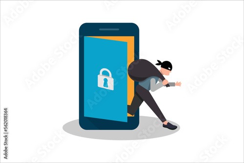 Cyber thief, hacker, get out of the door with a bag of personal information on smartphone. Cyber security and crime concept. Vector illustration of flat design people cartoon character.