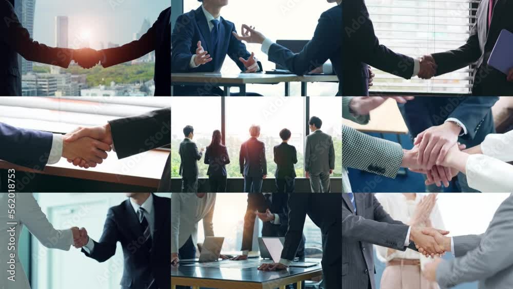 Collage of various business scenes. Multi screen. Scaling transition.