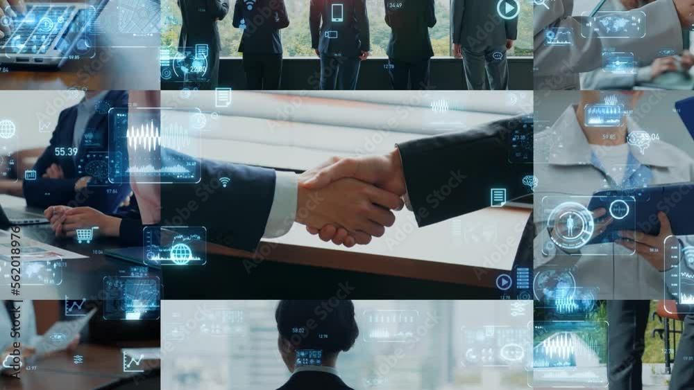 Collage of various business scenes and digital data concept. Multi screen. Scaling transition.