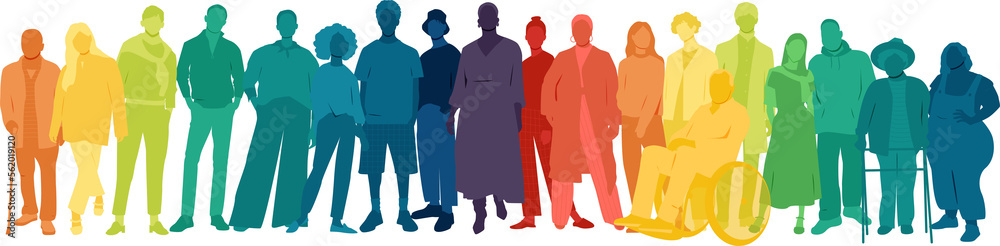Different people stand side by side together. Transparent background.