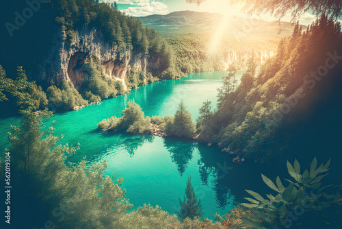 Beautiful view of the Plitvice Lakes National Park's turquoise water and sunny rays. Europe and Croatia unusual but dramatic scene. beauty industry. vintage aesthetic and retro filter. Toning impact o