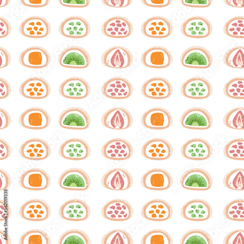 Seamless Pattern of Daifuku Mochi Candies on a white background. Vector illustration for decoration, postcards, print