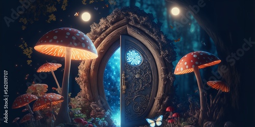 Magical mashroom in fantasy enchanted fairy tale forest with lots of brighness and lighting. © Concept Killer