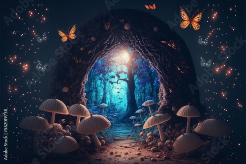Magical mashroom in fantasy enchanted fairy tale forest with lots of brighness and lighting.