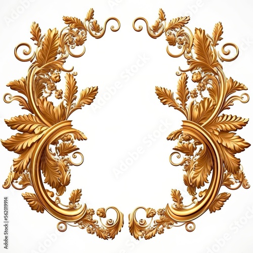 Golden baroque frame ornament on white background. Antique style gold flowers, leaves. Decorative elegant luxury design.golden elements in baroque, rococo style.seamless vintage pattern. generative ai