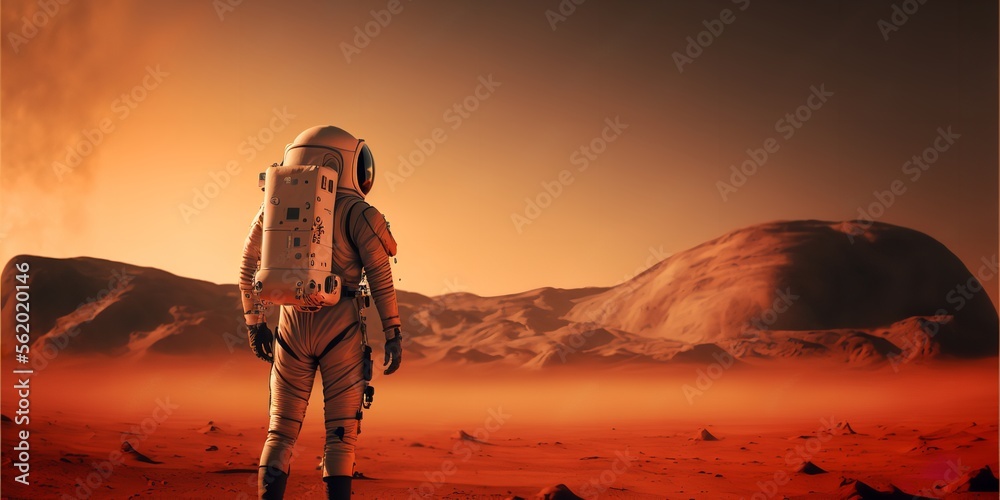 Astronaut on mars the red planet with alien UFO and modern technology ...