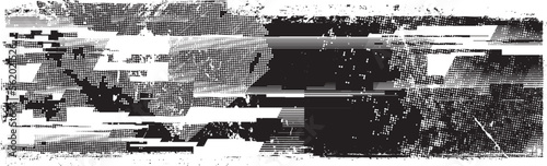 Glitch distorted grunge layer  . Noise destroyed texture . Trendy defect error shapes . Overlay grunge texture . Distressed effect .Vector shapes with a halftone dots screen print texture.