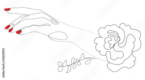 Hand with red nails and flower single line