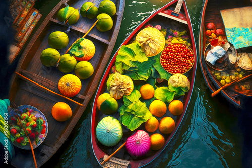 large boats with bright fresh fruit at floating market © Alfazet Chronicles