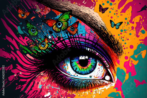 Obraz na plátne Colorful butterflies and a woman's eye, mixed media, with an abstract background of colors